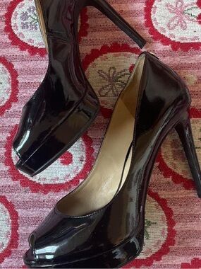 Black Patent Peep-Toe High Heels
